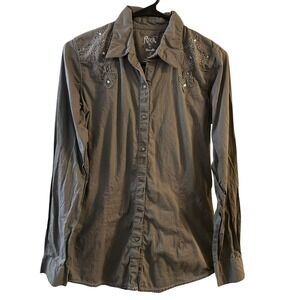 Rock 47 by Wrangler Grey Embroidered Studded Long Sleeve Button Up Shirt‎ Medium